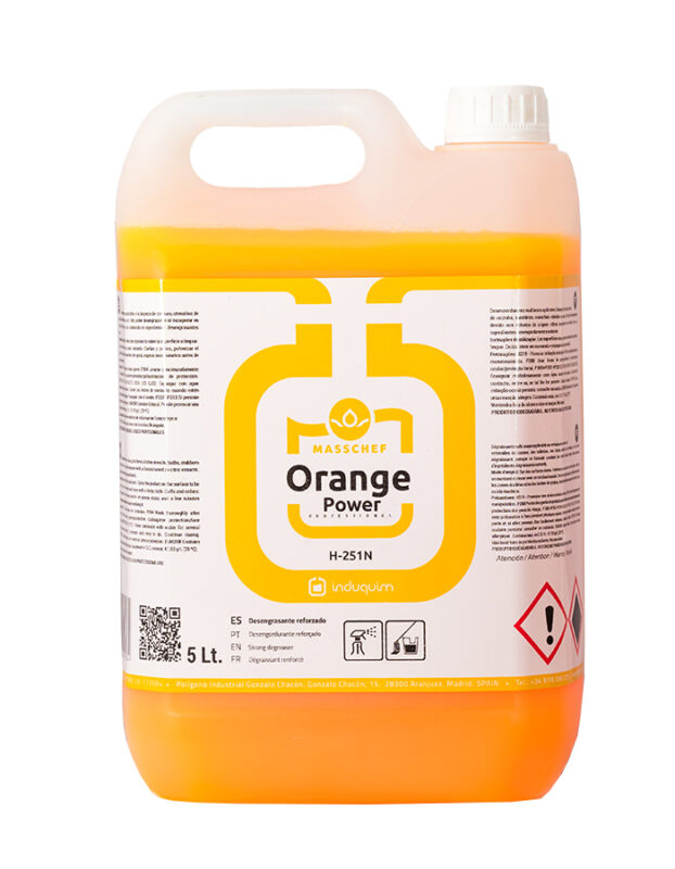 Sticlă de Orange Power Degresant Profesional 5L – Soluție concentrată pentru curățare filtre hotă și grăsimi HORECA.