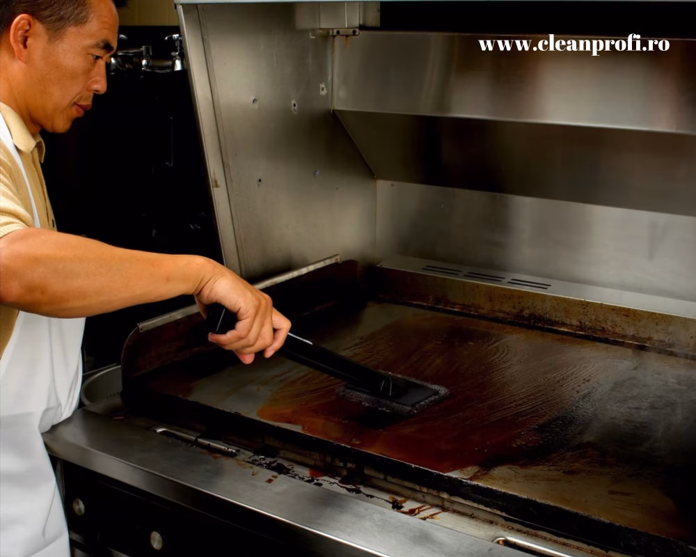 curățare plită profesională cu DH Grill, degresare plită la 200°C, soluție profesională horeca pentru grăsimi arse, demonstrație curățare plită restaurant