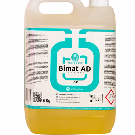 Detergent profesional pentru mașina de spălat vase Bimat AD, soluție alcalină pentru degresarea vaselor, curățare farfurii, pahare și tăvi, pentru restaurante și bucătării profesionale, îndepărtare resturi alimentare și urme de grăsime