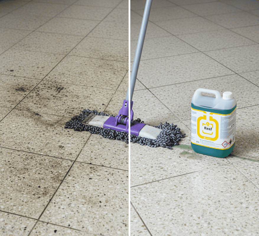 Detergent curățare gresie poroasă Reef folosit cu mop din microfibră – CleanProfi.ro