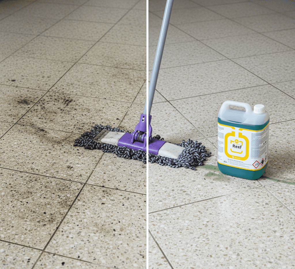 Detergent curățare gresie poroasă Reef folosit cu mop din microfibră – CleanProfi.ro