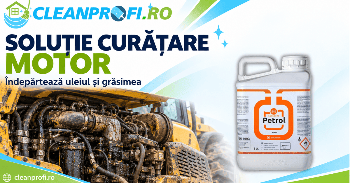 Soluție curățare motor Petrol A-451 lângă un motor de utilaj cu depuneri de ulei și grăsime